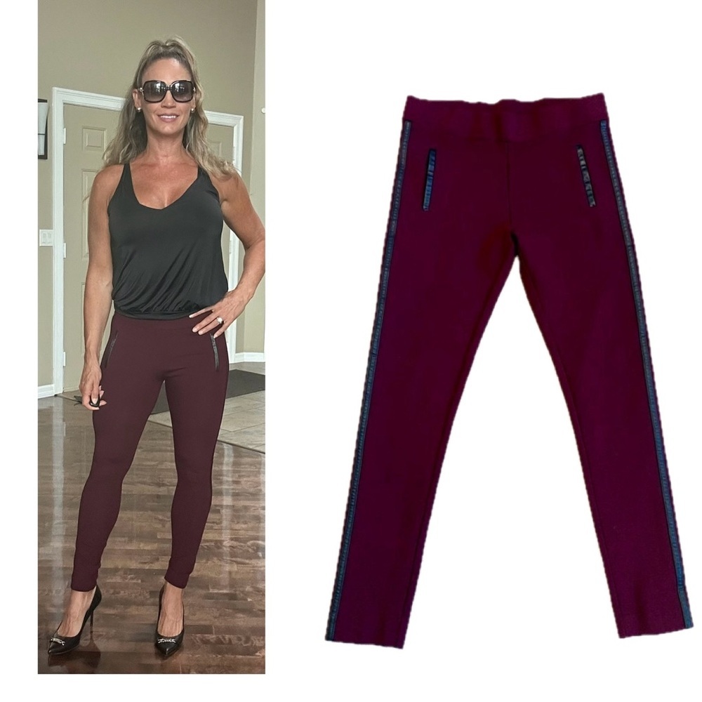 TRISTAN maroon burgundy stretchy pull on faux leather trim leggings size small